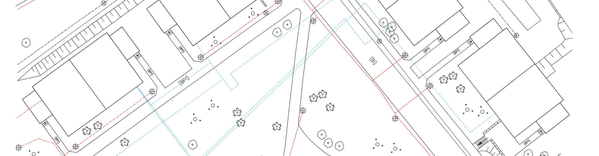 Bestandsplan mit Straßen, Gebäuden und Grünanlage