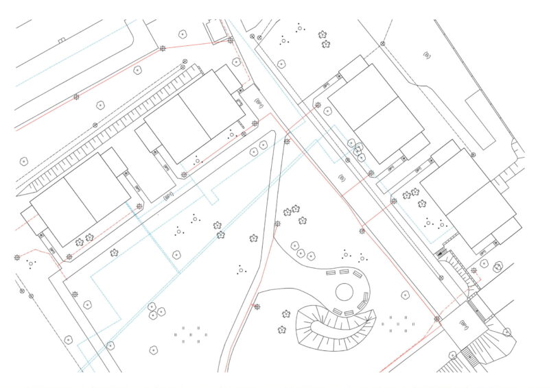 Bestandsplan mit Straßen, Gebäuden und Grünanlage